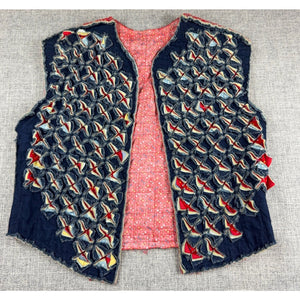 Handmade Reversible Patchwork Rag Quilt Vest Womens M Denim Floral Boho Funky