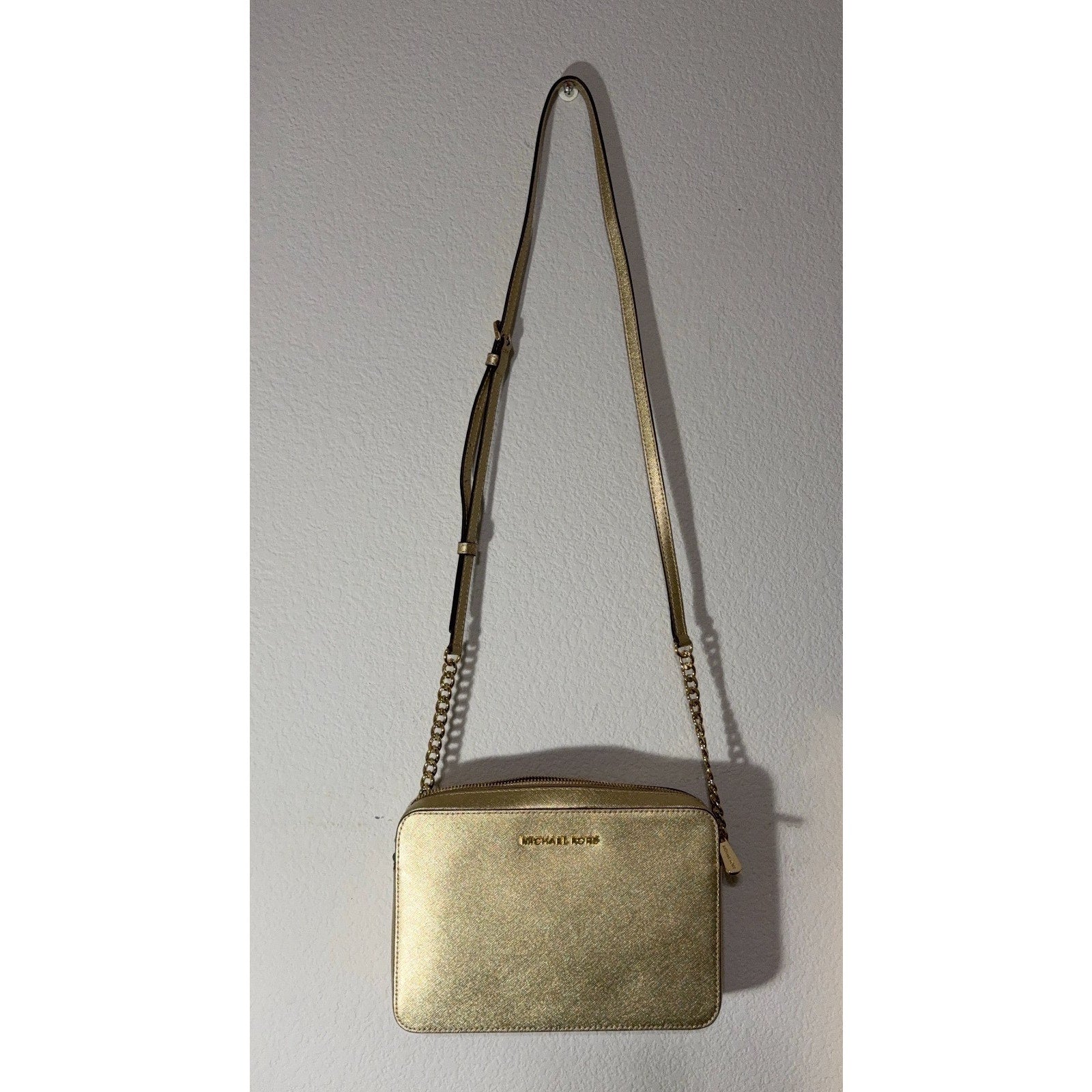 Michael Kors Gold Saffiano Leather Crossbody Bag Chain Strap Zip Top Purse MK