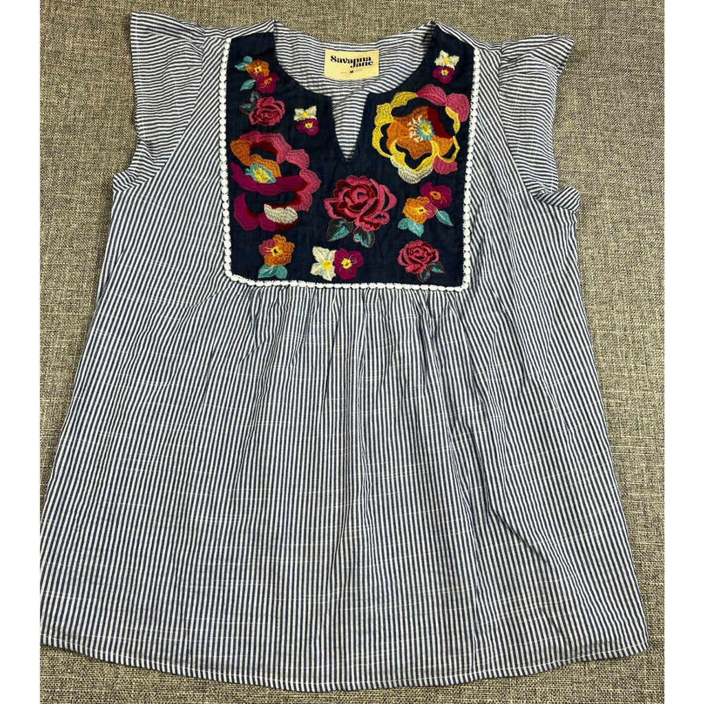 Savanna Jane Women M Embroidered Floral Striped Babydoll Tunic Top Boho
