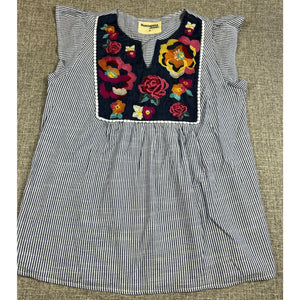 Savanna Jane Women M Embroidered Floral Striped Babydoll Tunic Top Boho