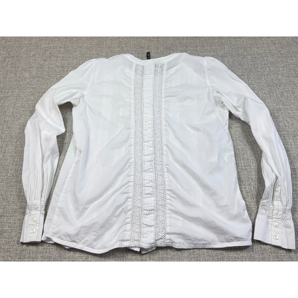 MNG by Mango White Lace Pleated Ruffle Blouse Women's US 10 Long Sleeve