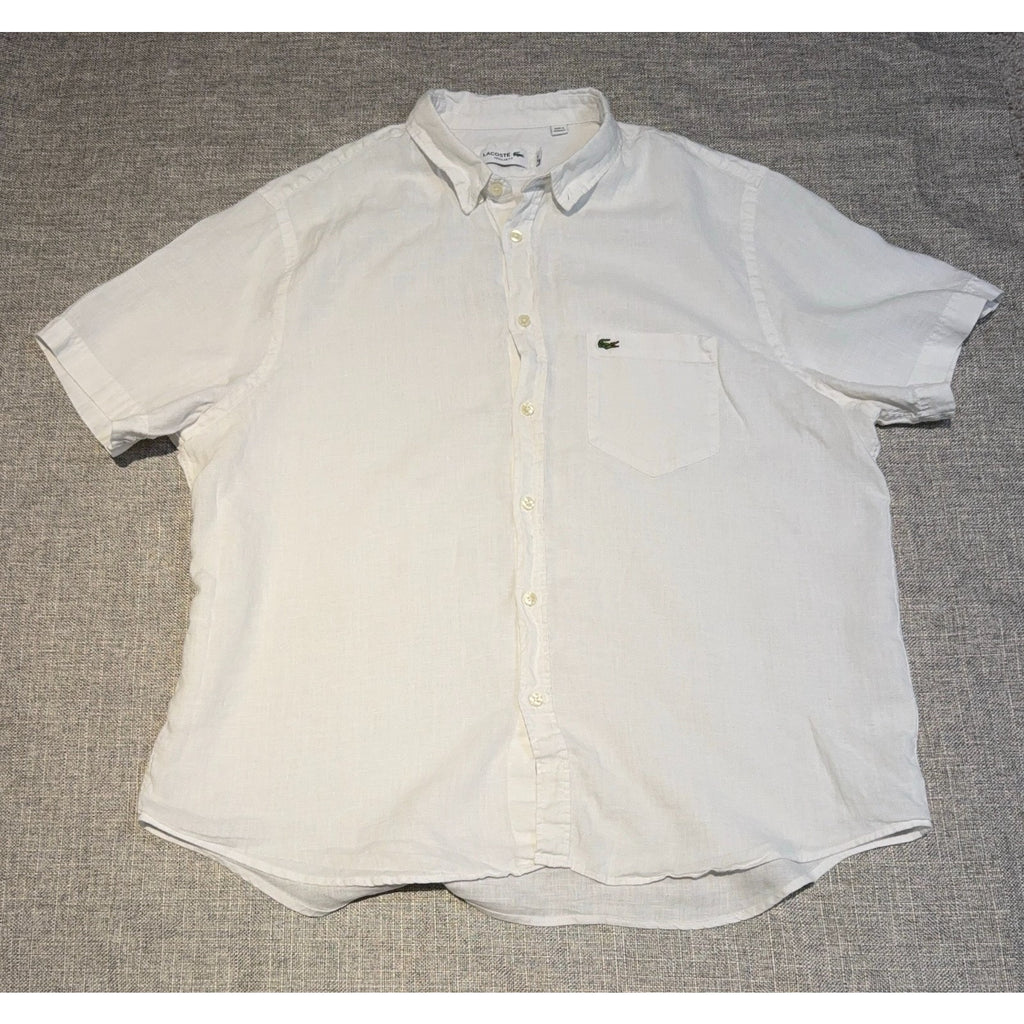 Lacoste Shirt Mens 2XL White Linen Button Down Short Sleeve Regular Fit Croc Log