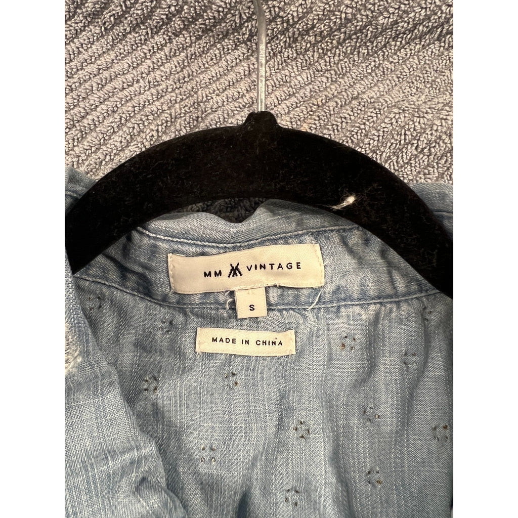 MM Vintage Denim Button Up Shirt Womens Small Distressed Studded Patch Western