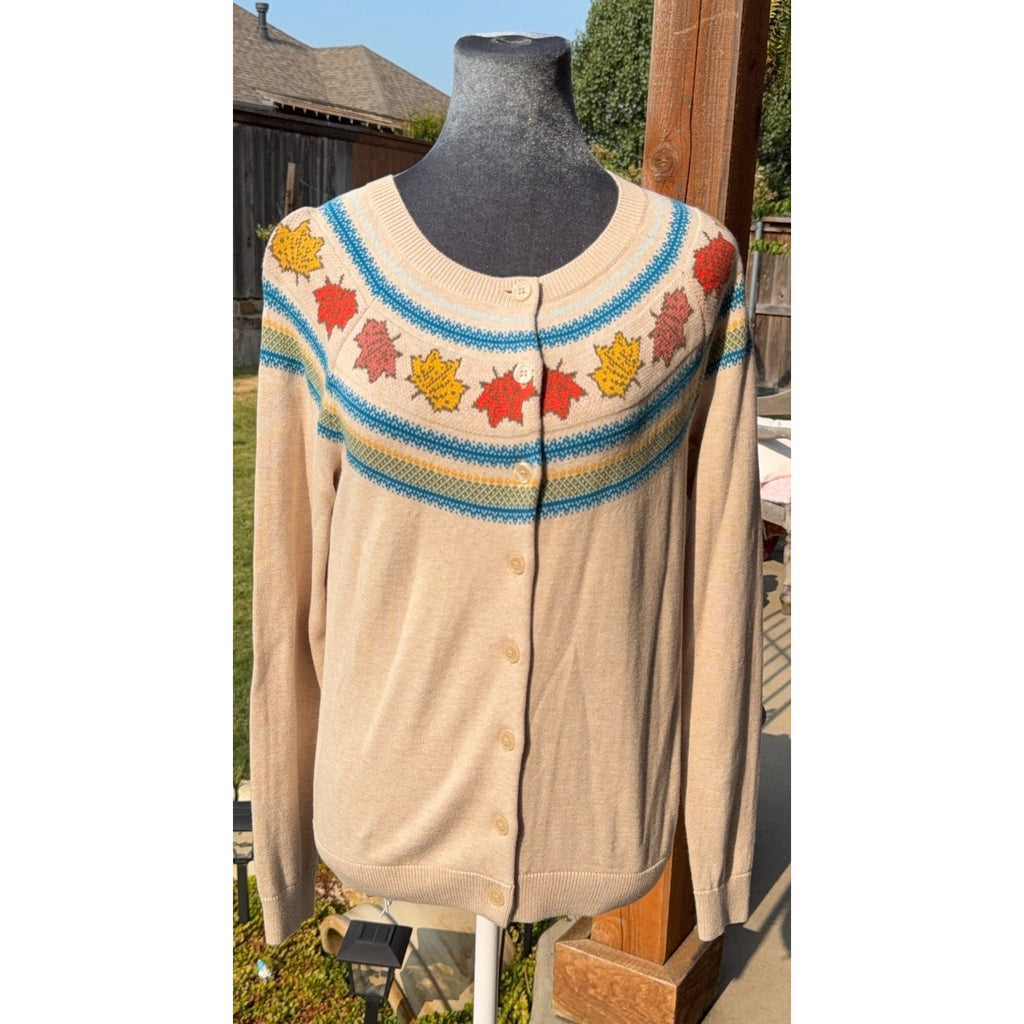 NWT Talbots Cardigan Sweater Womens S Maple Leaf Fair Isle Beige Fall