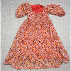 LC Lauren Conrad Dress Womens XS Coral Orange Floral Puff Sleeve Smocked Ruffle