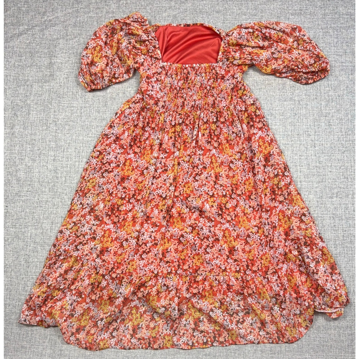 LC Lauren Conrad Dress Womens XS Coral Orange Floral Puff Sleeve Smocked Ruffle