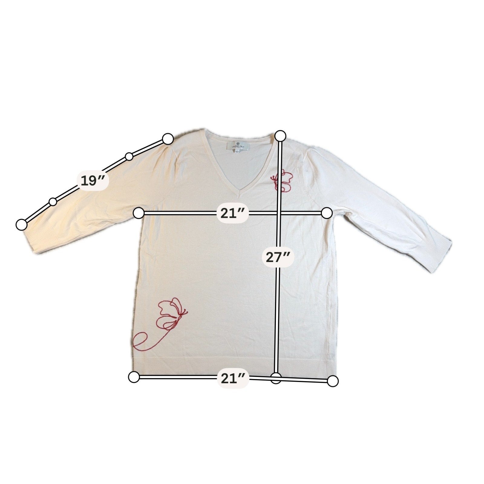 Laurie Felt Sweater Women L Ivory Butterfly Embroidered V Neck Lightweight Knit