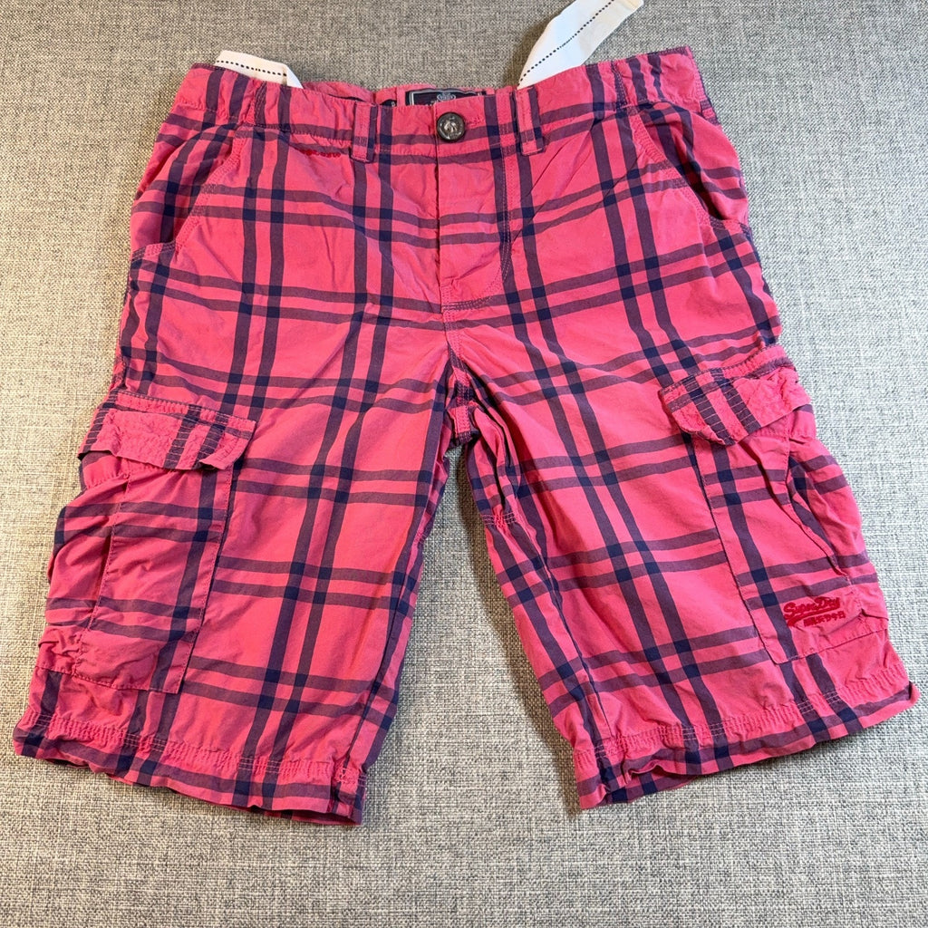 Superdry Men's M W32 Pink Plaid Cargo Shorts Belted Utility Y2K Streetwear
