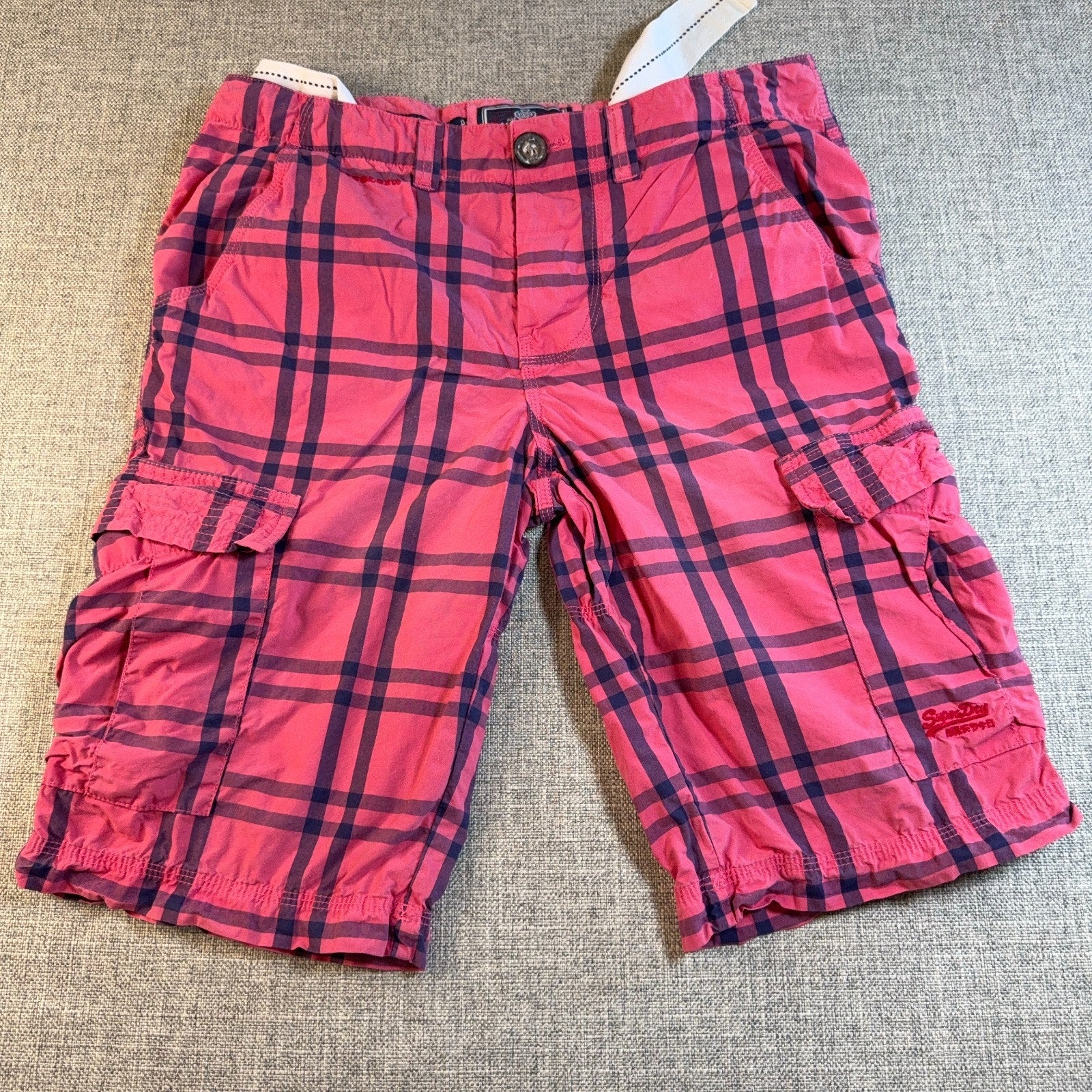 Superdry Men's M W32 Pink Plaid Cargo Shorts Belted Utility Y2K Streetwear