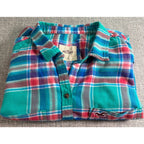 Hollister Flannel Shirt Large Teal Blue Red Plaid Long Sleeve Button Up