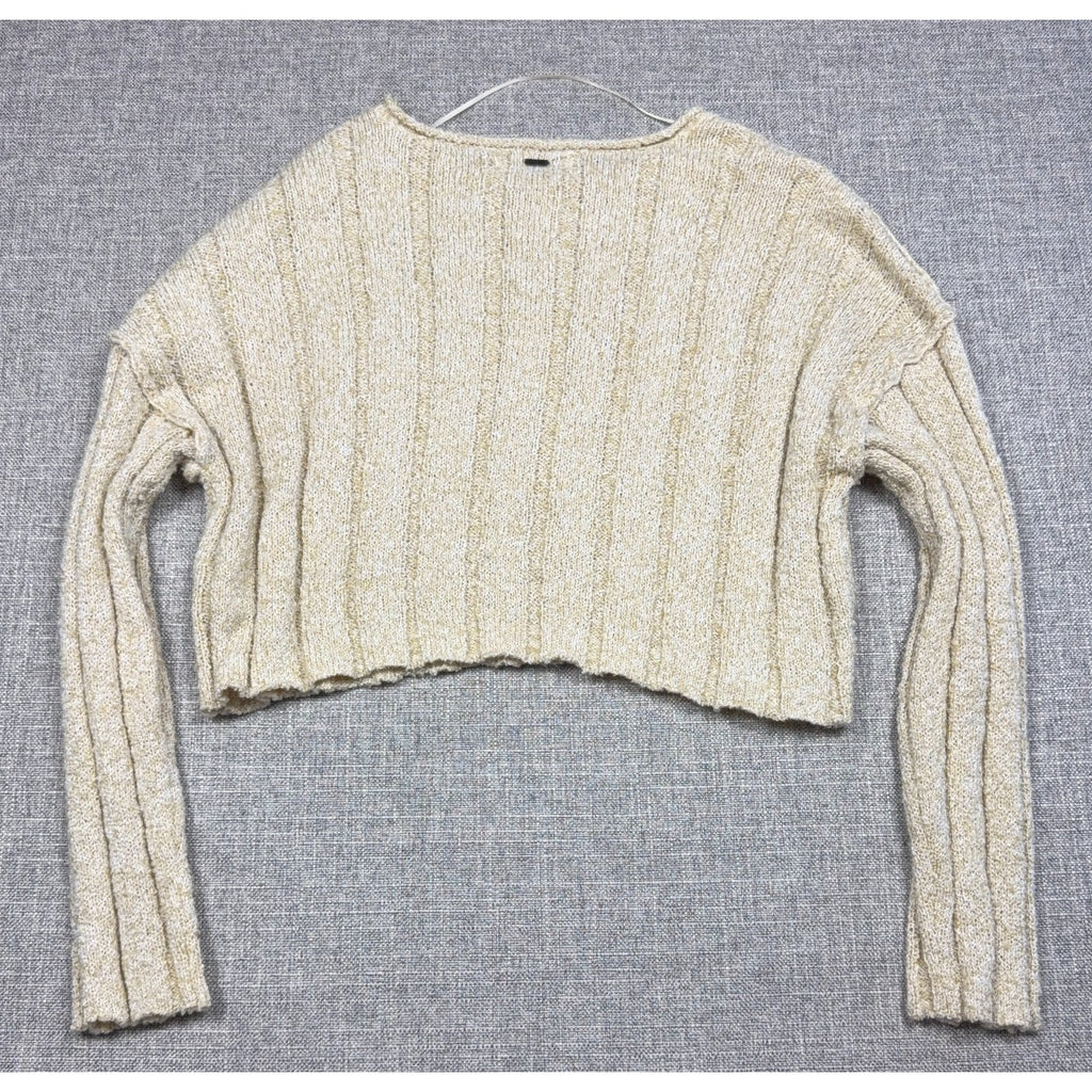 O'Neill Sweater Womens Small Cream Cropped Ribbed Knit Drop Shoulder Pullover