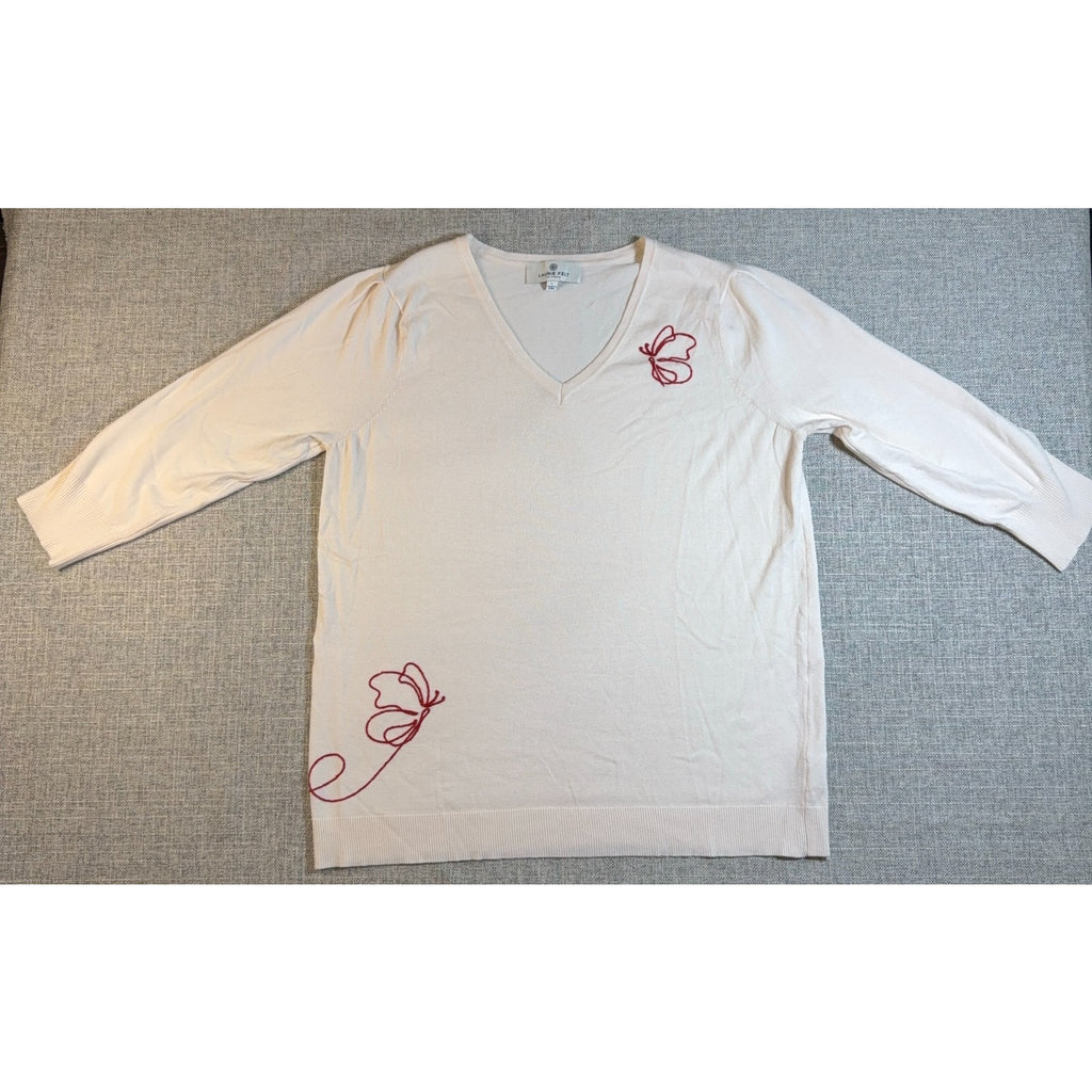 Laurie Felt Sweater Women L Ivory Butterfly Embroidered V Neck Lightweight Knit