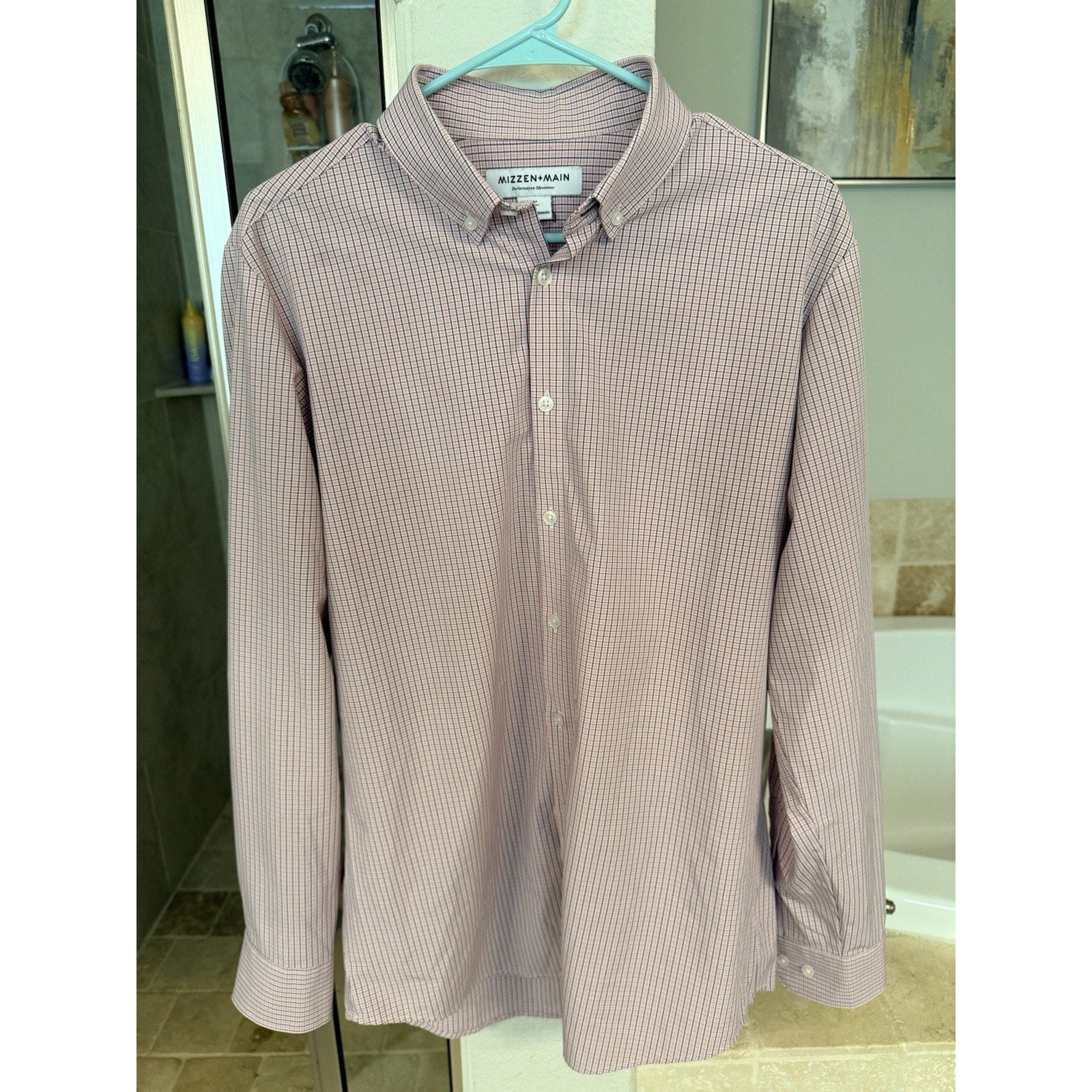 Mizzen+Main Mens M Trim Fit Red Blue Check Performance Stretch Wrinkle Free