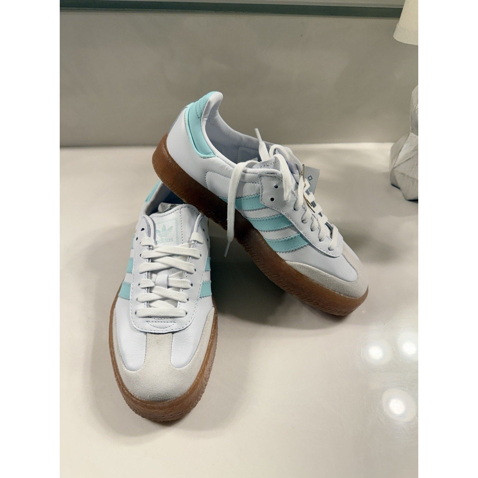 Adidas Sambae J Women’s Size 7 White Aqua Gum Sole Platform Shoes JQ1314 NWT