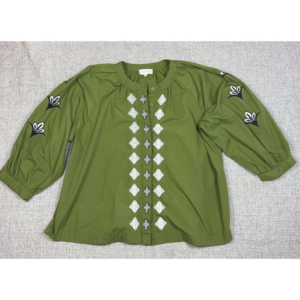 Entro Womens M Olive Green Embroidered Peasant Blouse Balloon Sleeve Boho