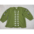 Entro Womens M Olive Green Embroidered Peasant Blouse Balloon Sleeve Boho