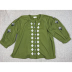 Entro Womens M Olive Green Embroidered Peasant Blouse Balloon Sleeve Boho