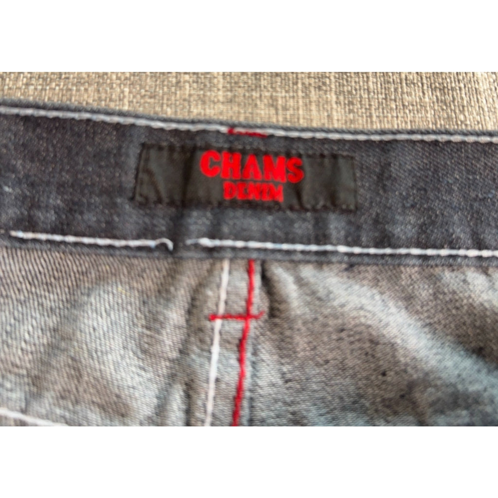 Chams Denim Jeans Mens 32x31 Gray Black Red Embroidered Pockets Y2K Straight