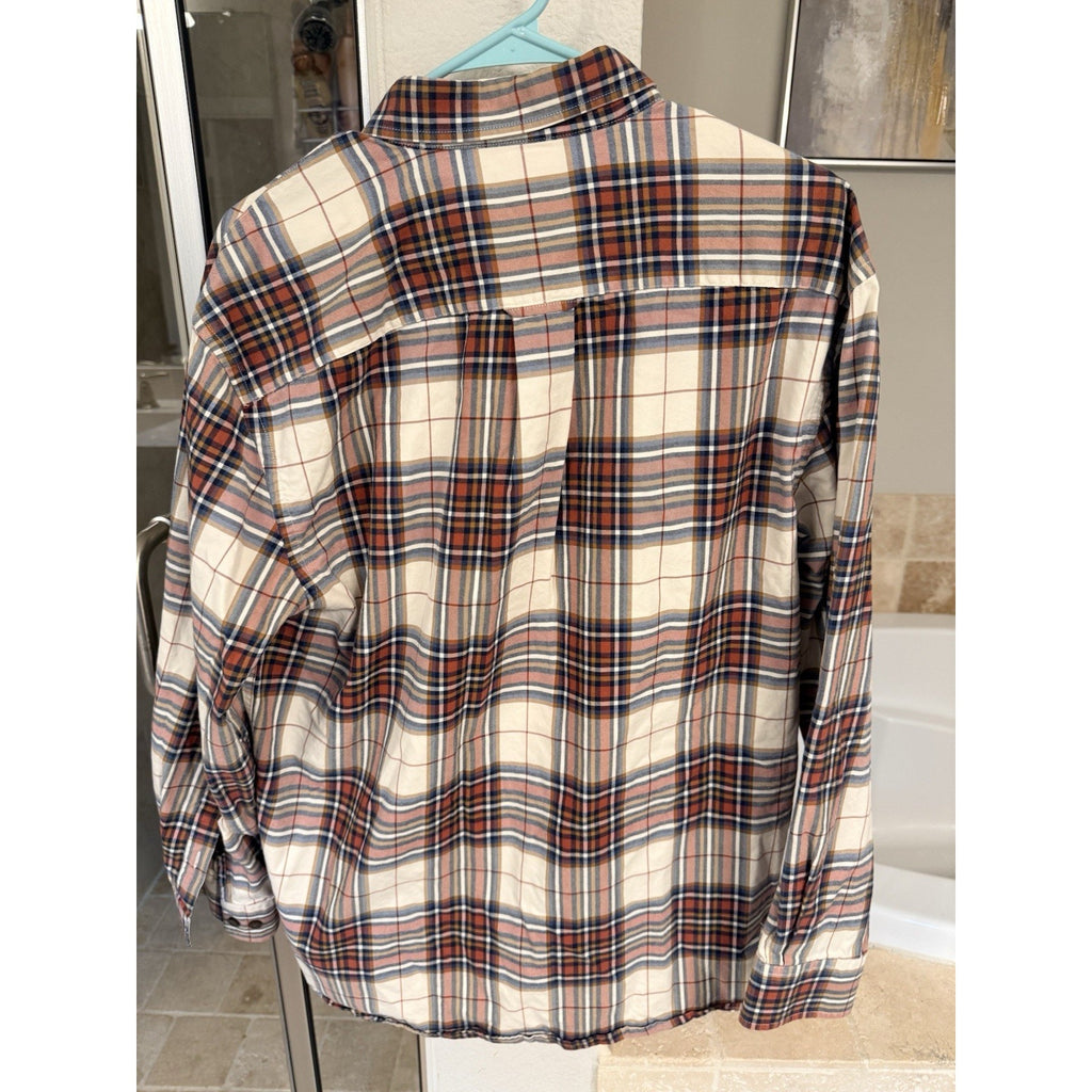 Orvis Shirt Mens M Plaid Button Down Cotton Red Tan Blue Casual Outdoor Classic