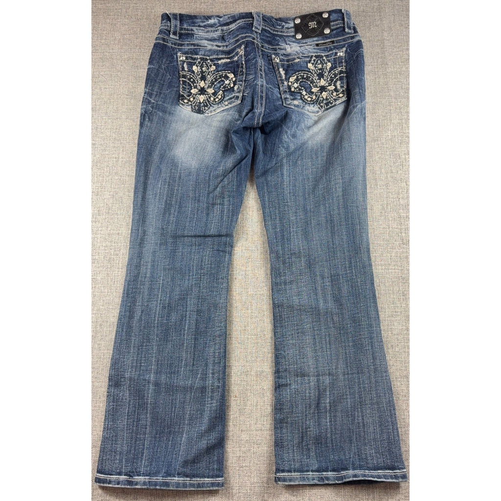 Miss Me Womens 31 Bootcut Jeans Rhinestone Fleur De Lis Y2K Western Bling