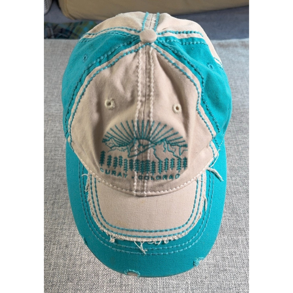 ACE USA Ouray Colorado Hat Distressed Strapback Cap Turquoise Tan Mountain