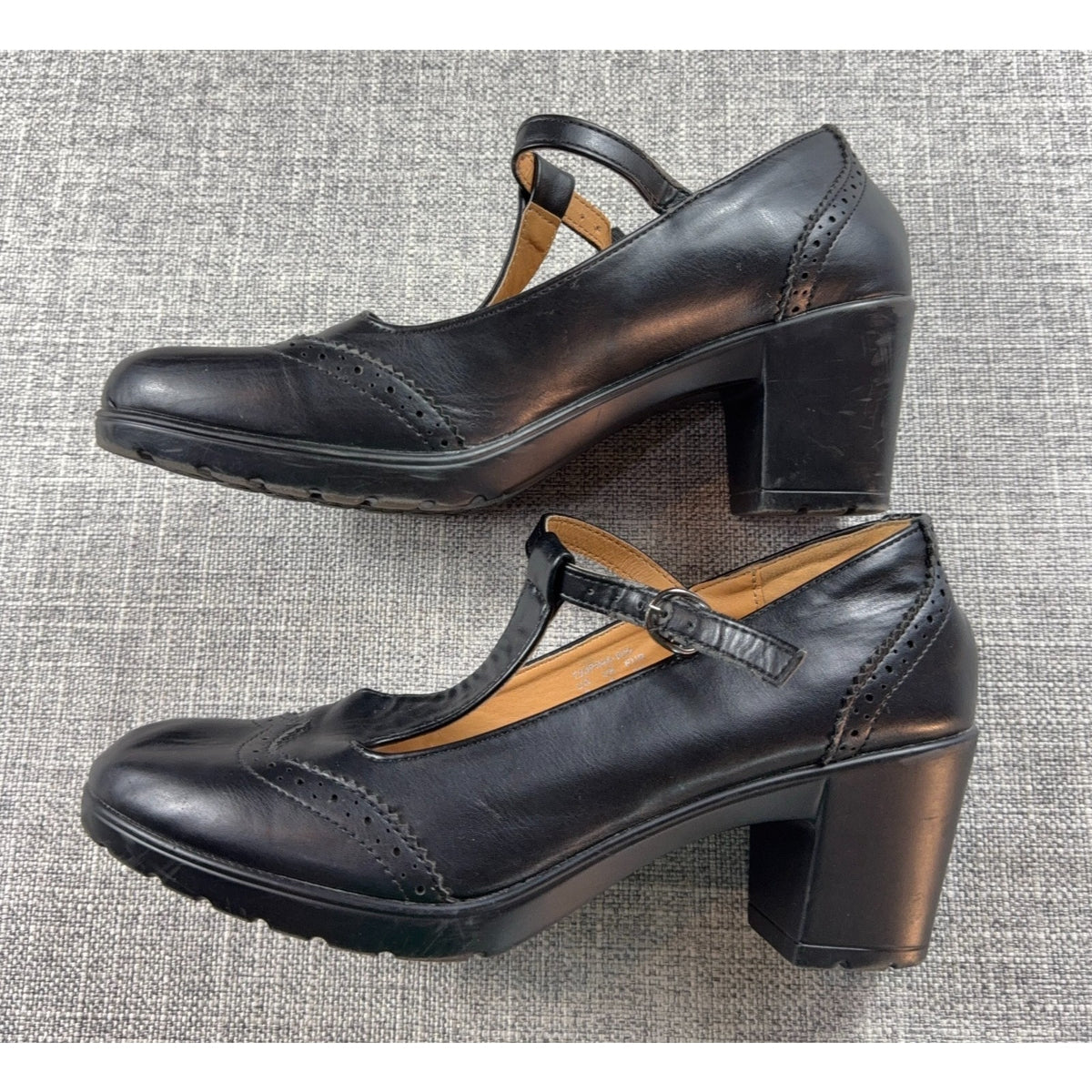 Trary Black Leather T Strap Mary Jane Pumps Womens 8 Brogue Block Heel Gothic