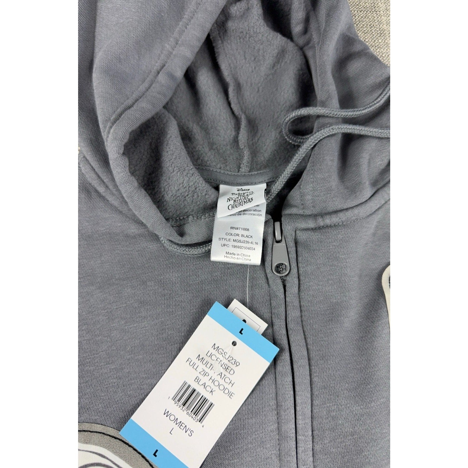 Disney Nightmare Before Christmas Jack Sally Patch Hoodie Womens L Gray NWT