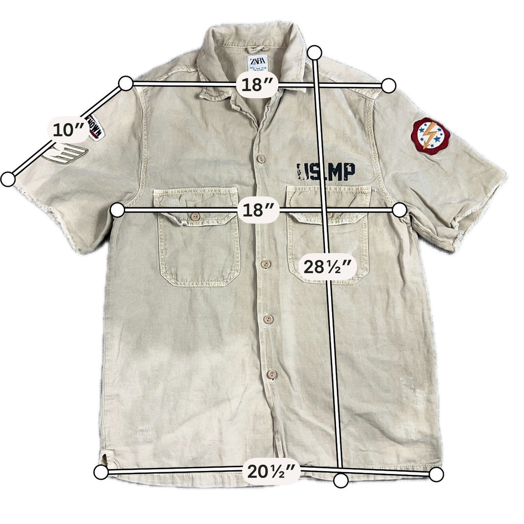 Zara Man Military Patch Shirt Mens S Distressed Khaki Relaxed Fit Utility