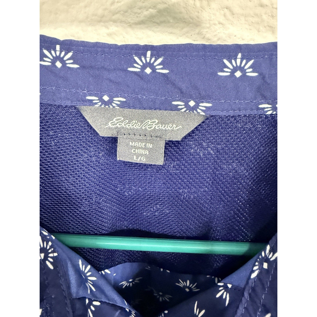 Eddie Bauer Mens Large Blue Geometric Print Button Up Shirt Short Sleeve