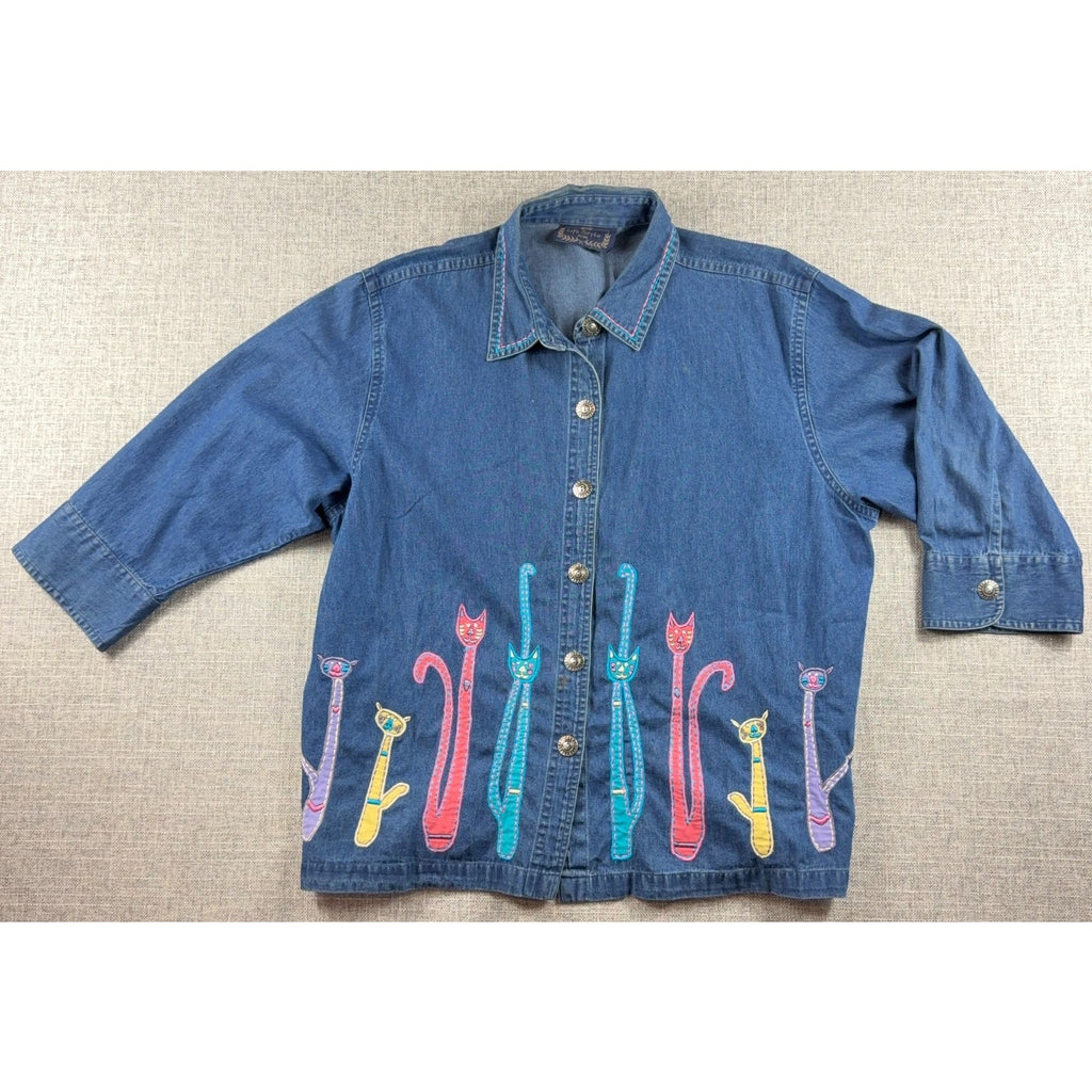 Life Style Plus Denim Cat Shirt Womens Embroidered Applique Whimsical Novelty