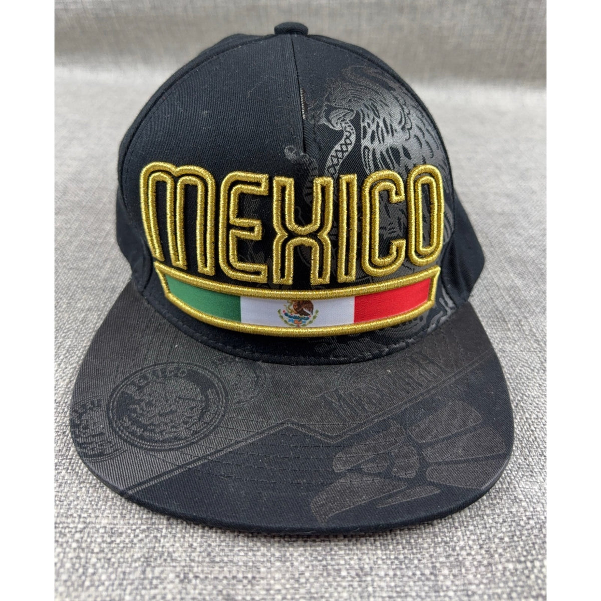 Top Level Mexico Snapback Hat Black Gold Embroidered Mexican Flag Eagle Cap