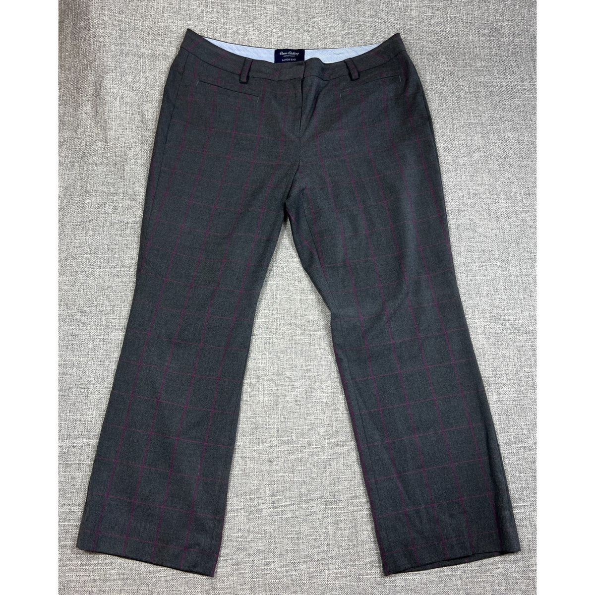 Lands' End Women's 12P Gray Pink Windowpane Plaid Mid Rise Trouser Pants
