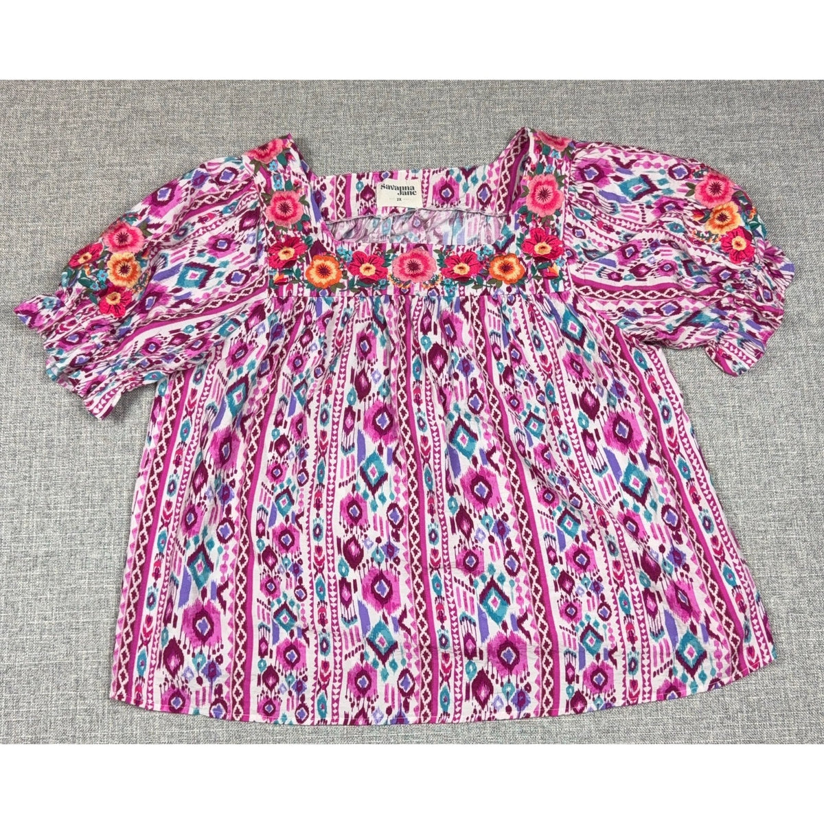 Savanna Jane Top Womens 2X Pink Embroidered Boho Tunic Blouse Plus Size