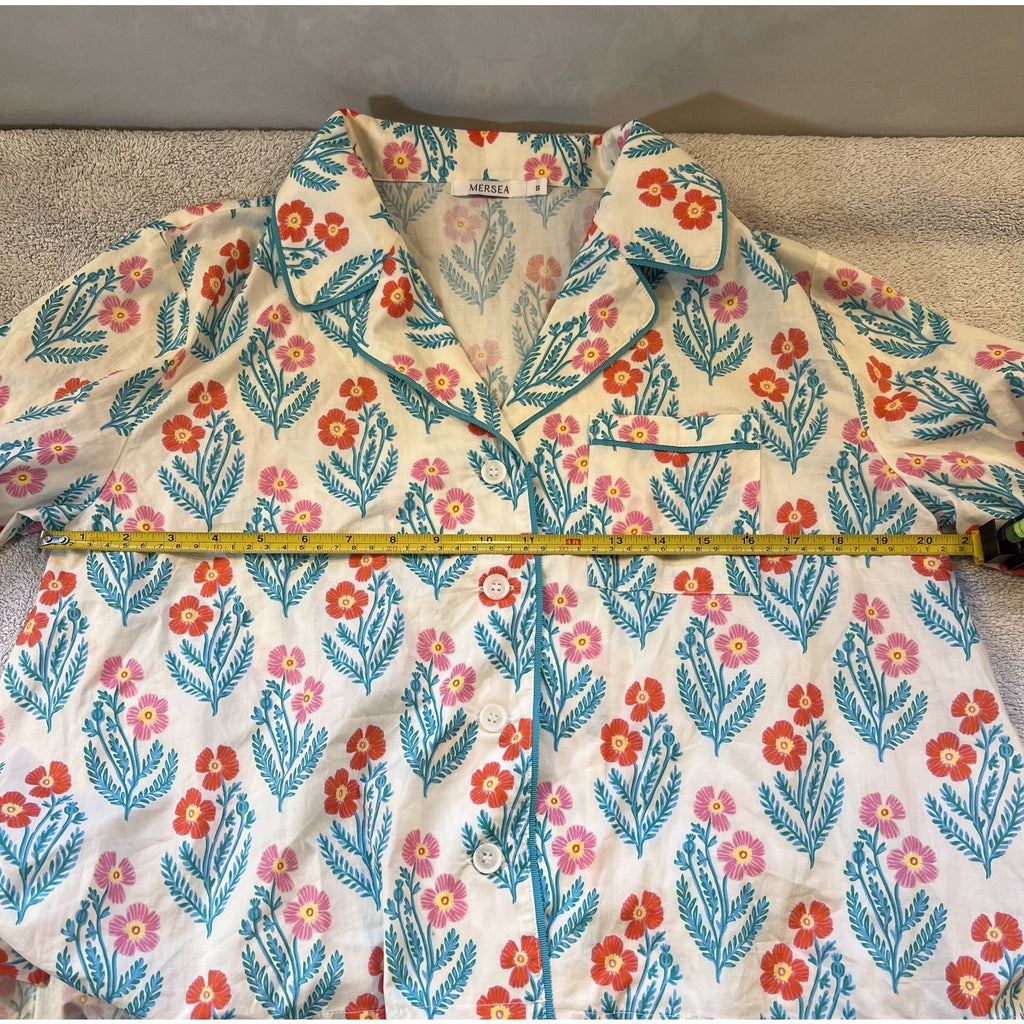Mersea Floral Pajama Top Womens Small Cotton Button Front Lounge Sleep Shirt Cot