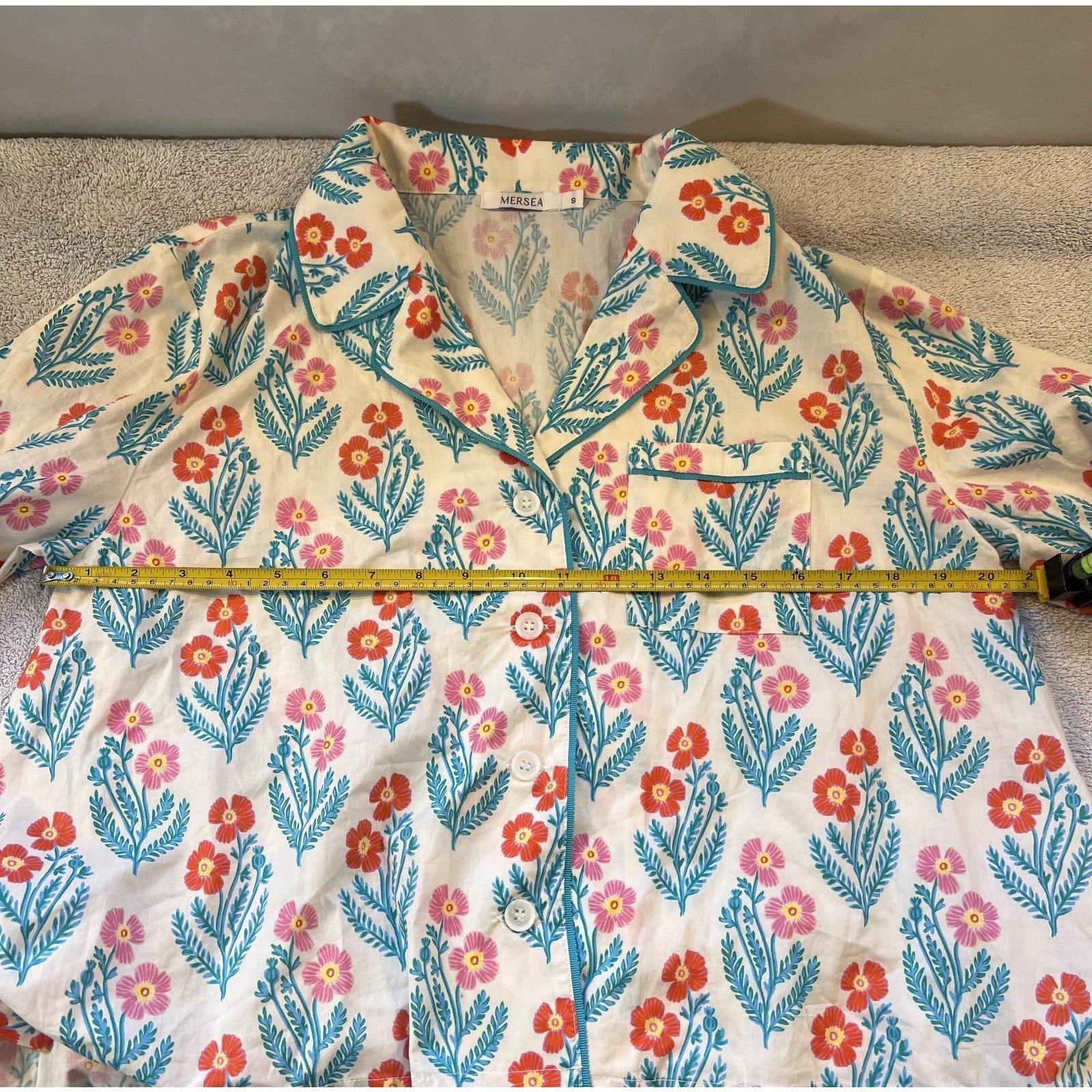 Mersea Floral Pajama Top Womens Small Cotton Button Front Lounge Sleep Shirt Cot