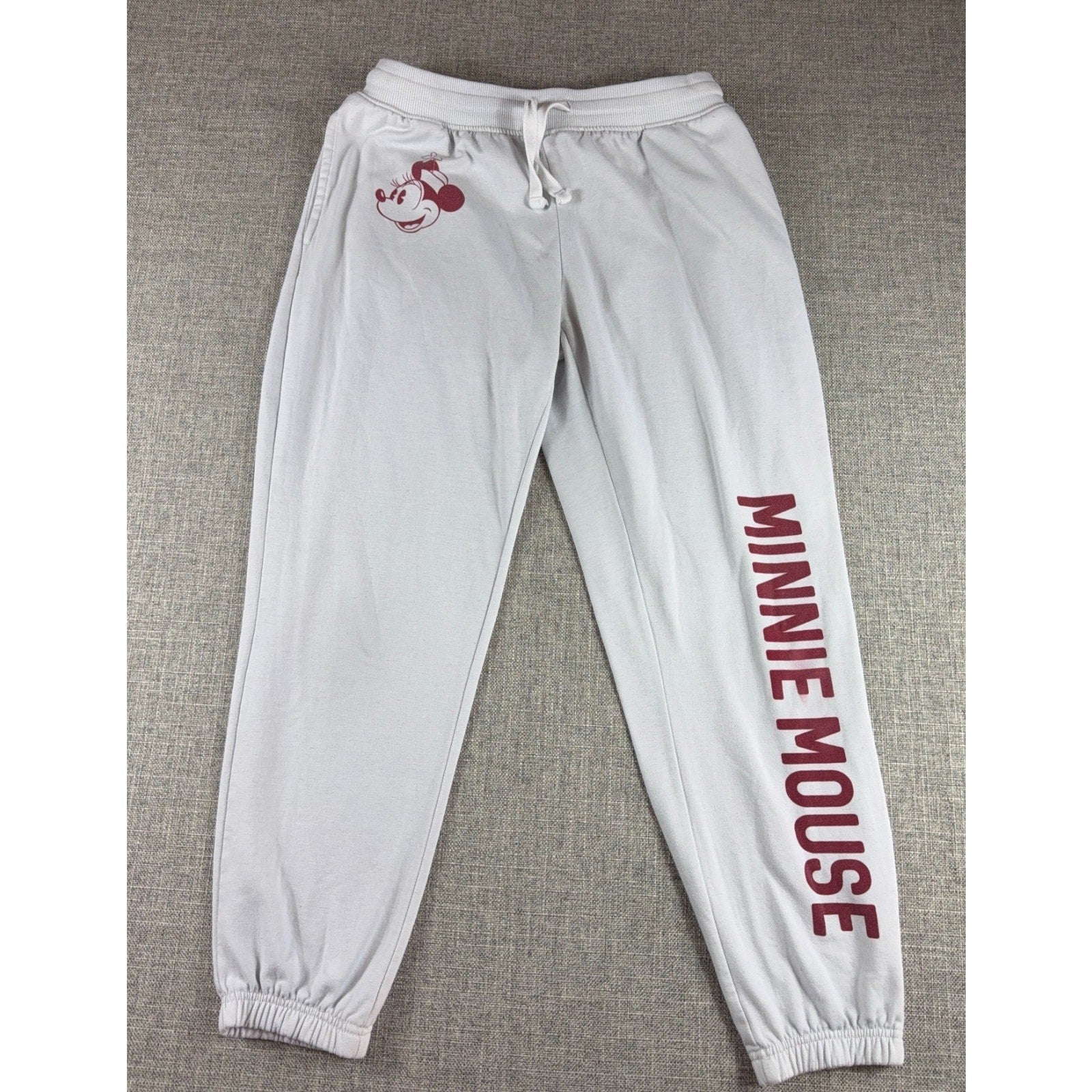 Disney Minnie Mouse Jogger Pants Womens M Gray Burgundy Graphic Sweatpants