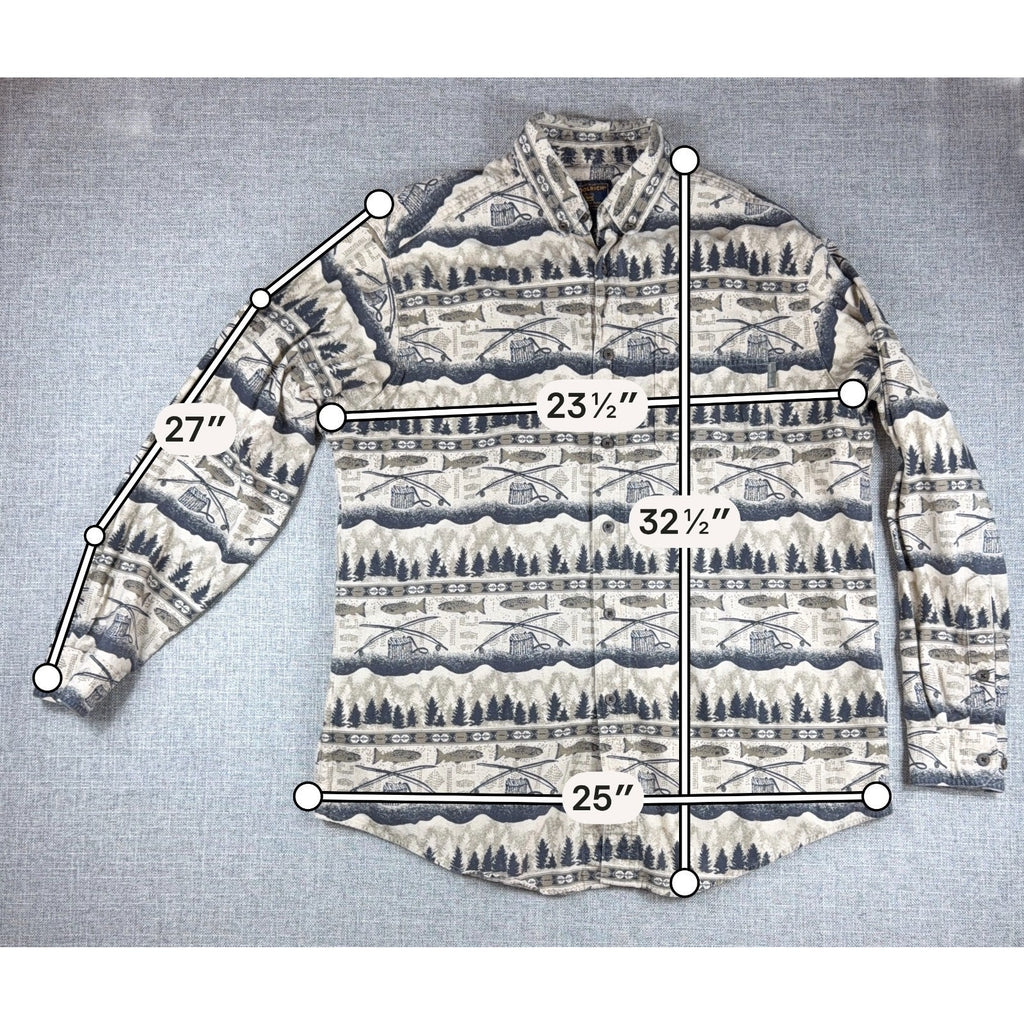 Woolrich Mens XL Fishing Shirt Fish Rods Trees Outdoor Print Button Down