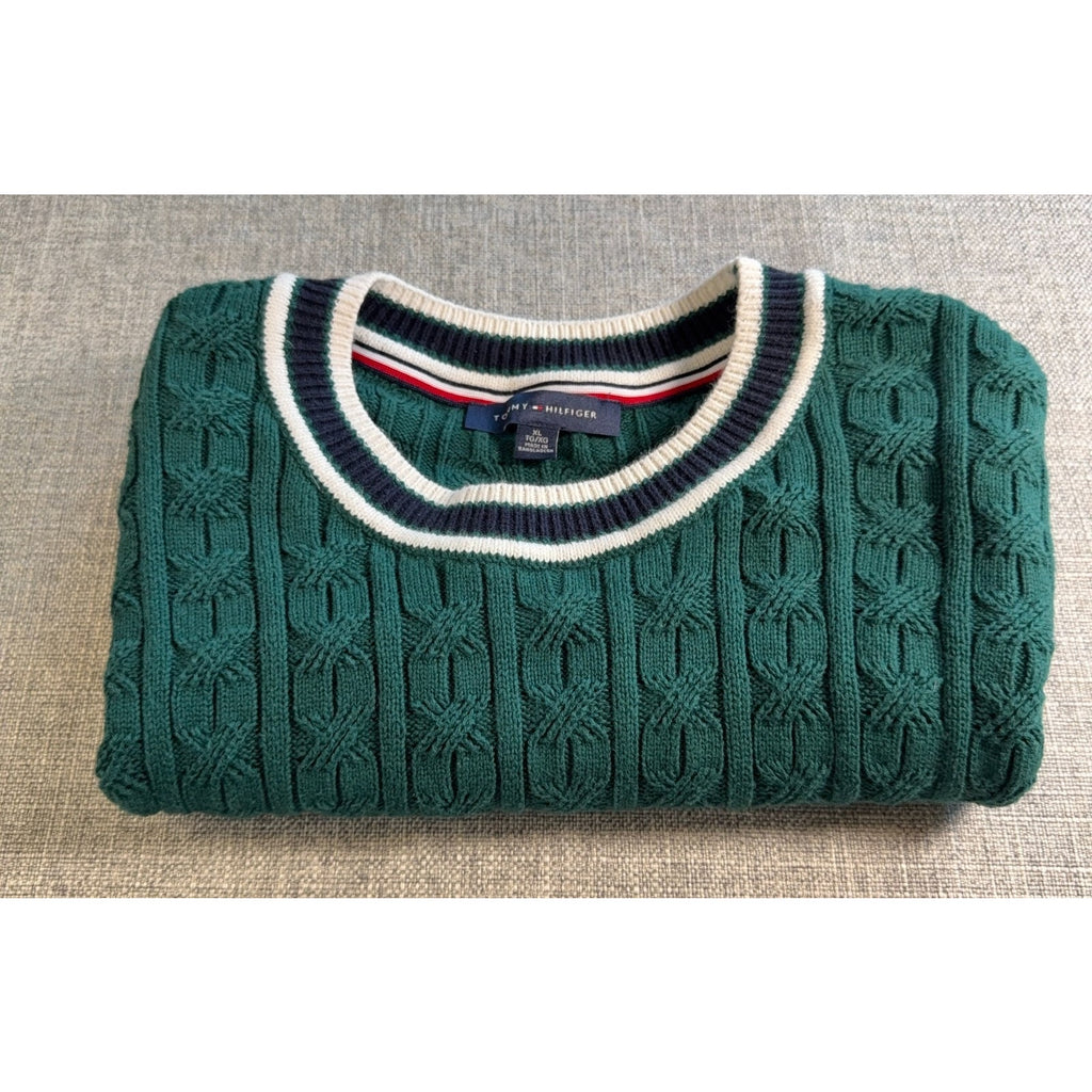Tommy Hilfiger Cable Knit Sweater Shirt Mens XL Green Short Sleeve Cotton Preppy