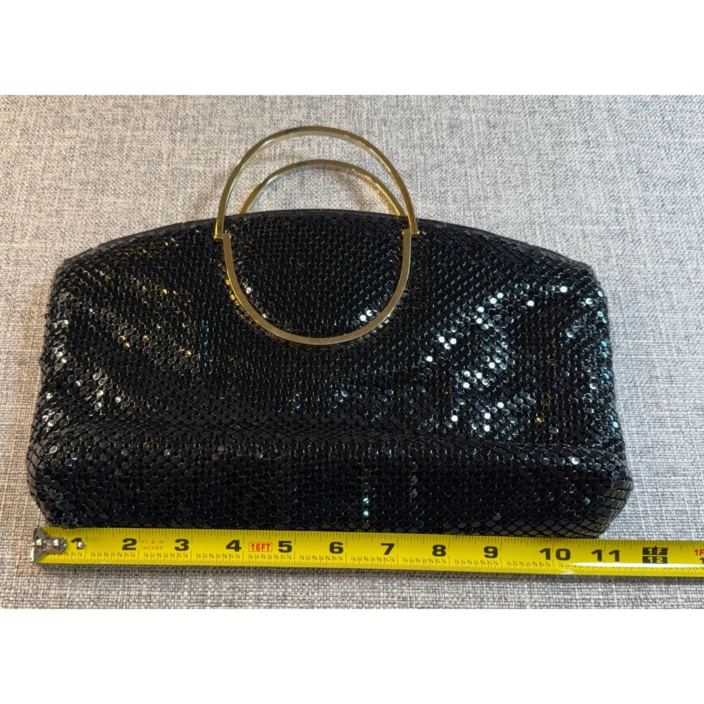 Black Metal Mesh Evening Bag Gold Ring Handles Chainmail Clutch Purse