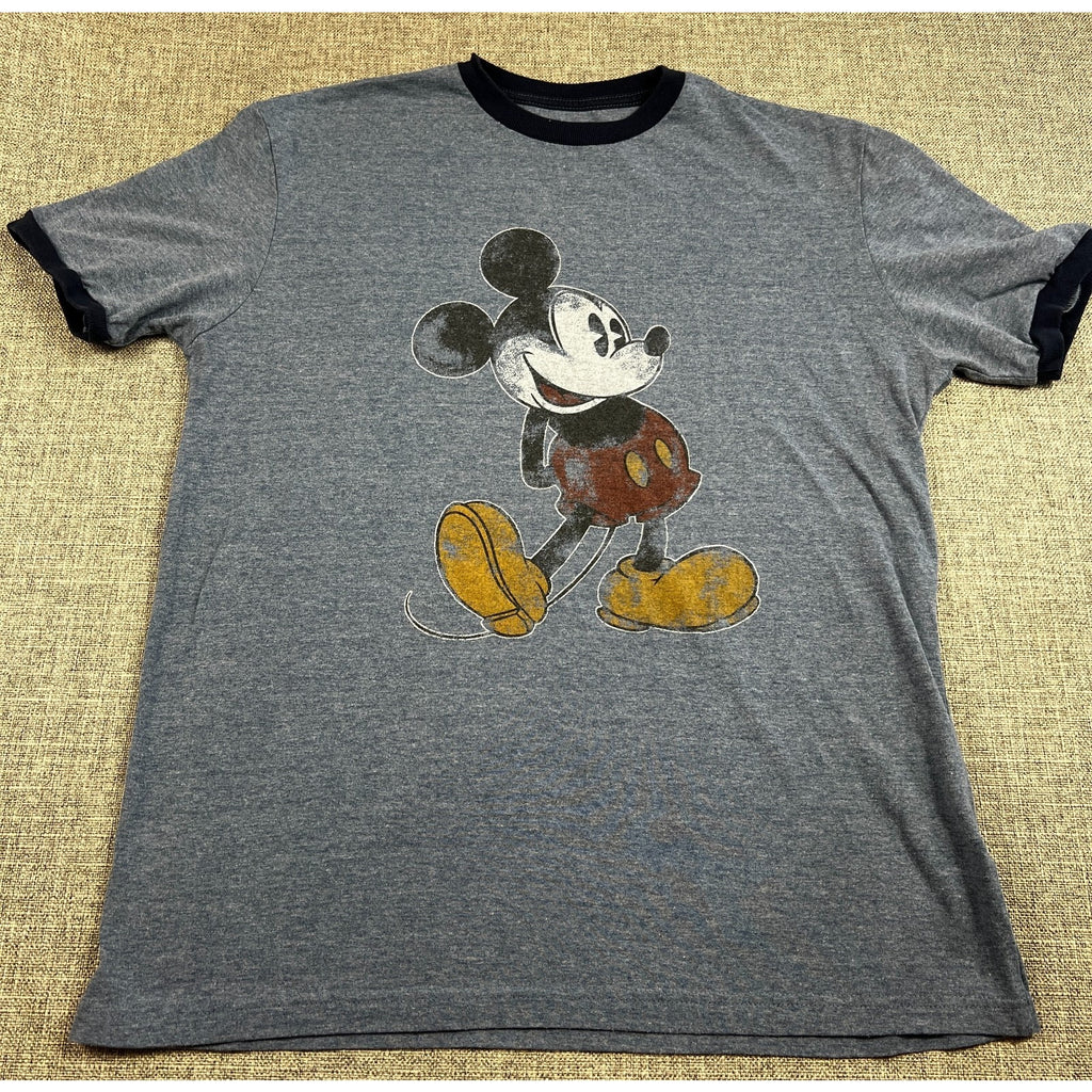 Disney Parks Mickey Mouse Mens M Gray Ringer T Shirt Distressed Graphic Tee