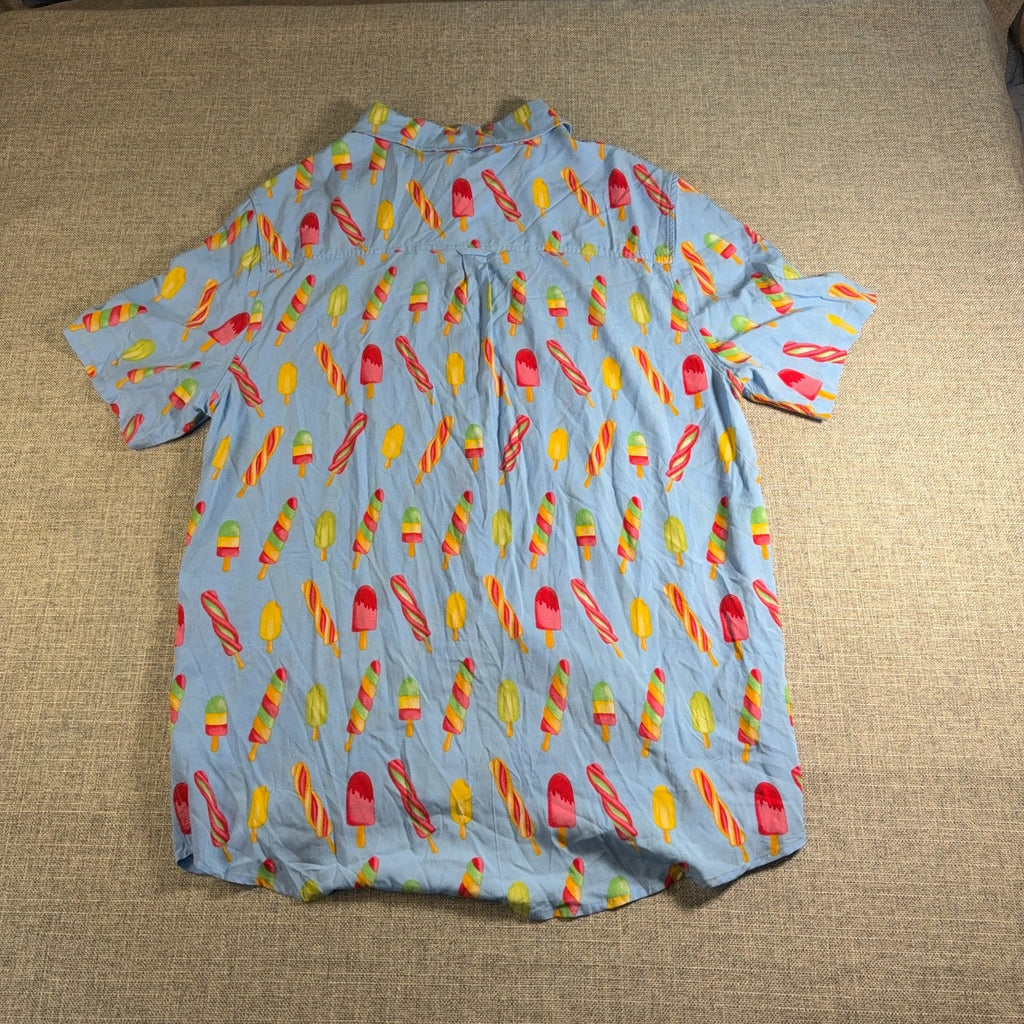 Cove Mens XL Rayon Button Up Shirt Blue Popsicle Print Novelty Vacation Beach