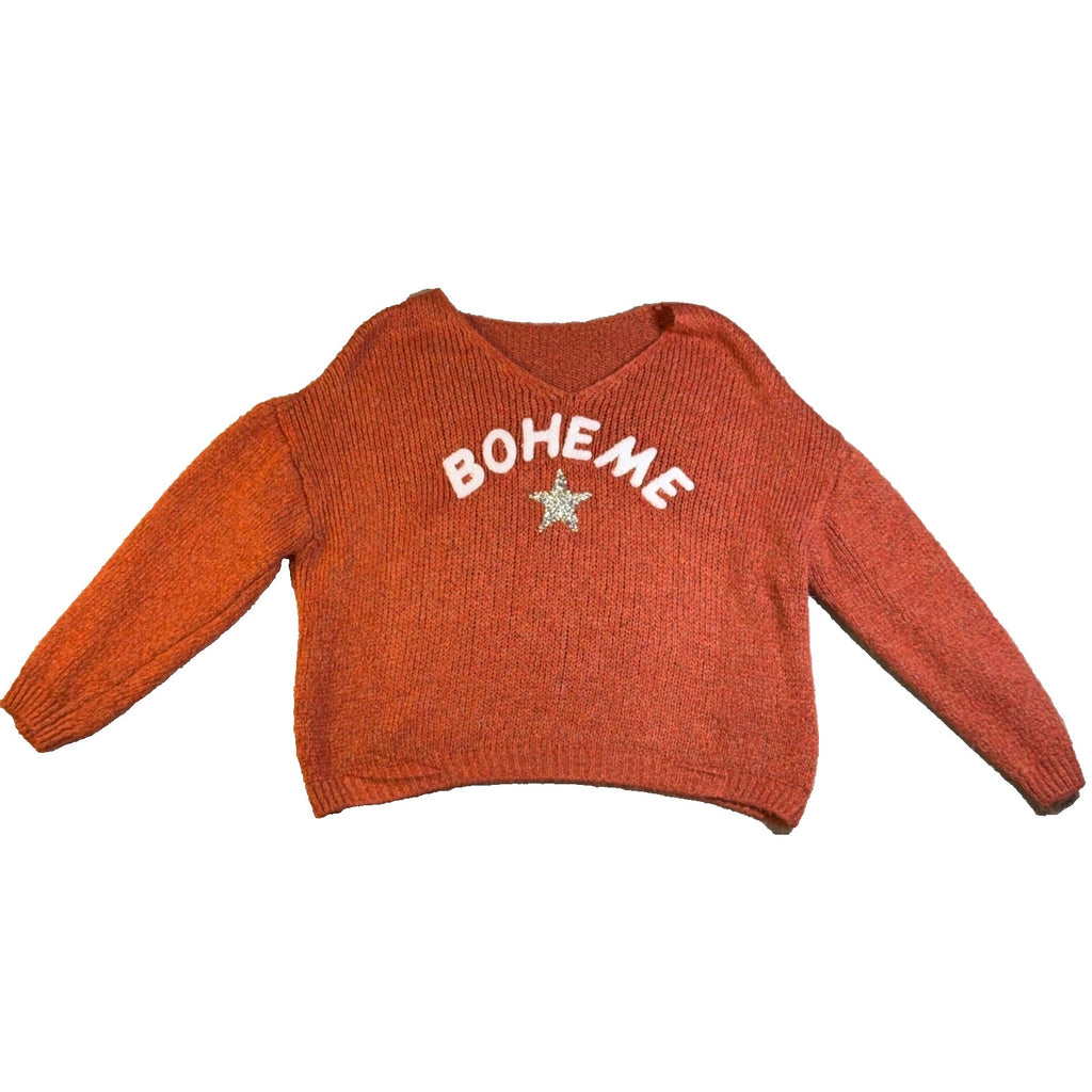 Boheme Made in Italy Sweater Womens Rust Orange Rhinestone Star Oversized Knit