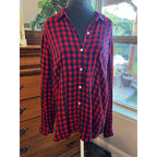 Perfect Shirt Women’s XL Red Blue Buffalo Plaid Rayon Button Up Flannel Relaxed