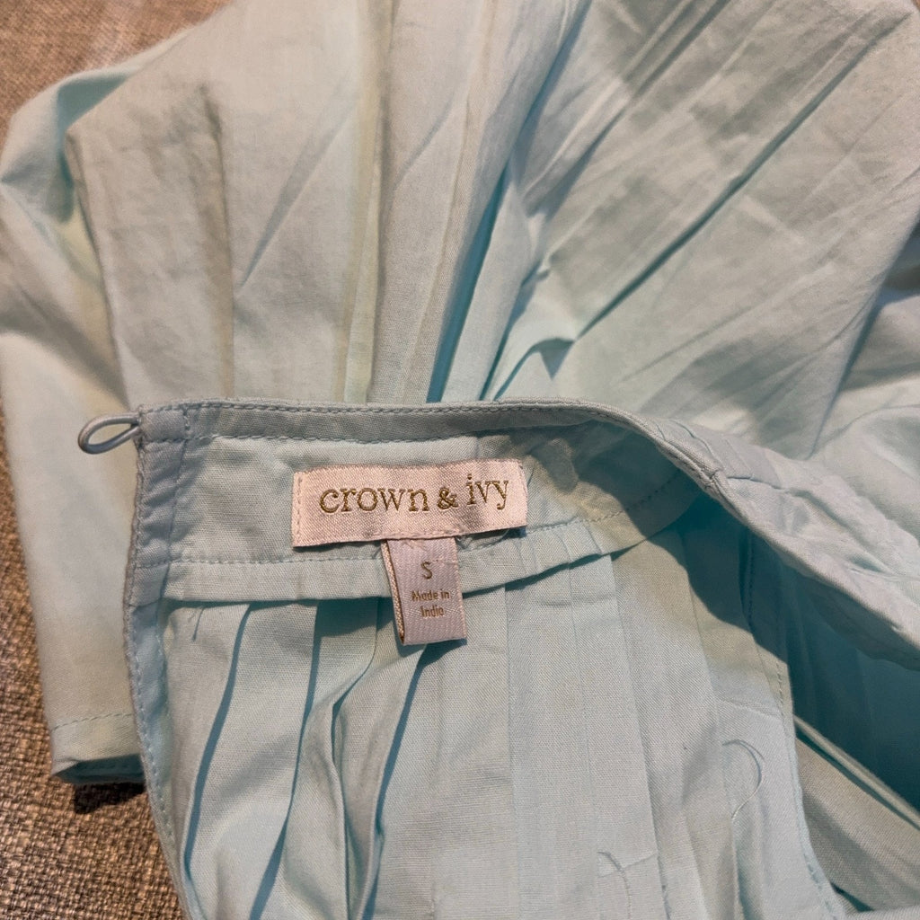 Crown & Ivy Women’s Small Pleated Swing Top Blue Green Cotton Sleeveless Tunic