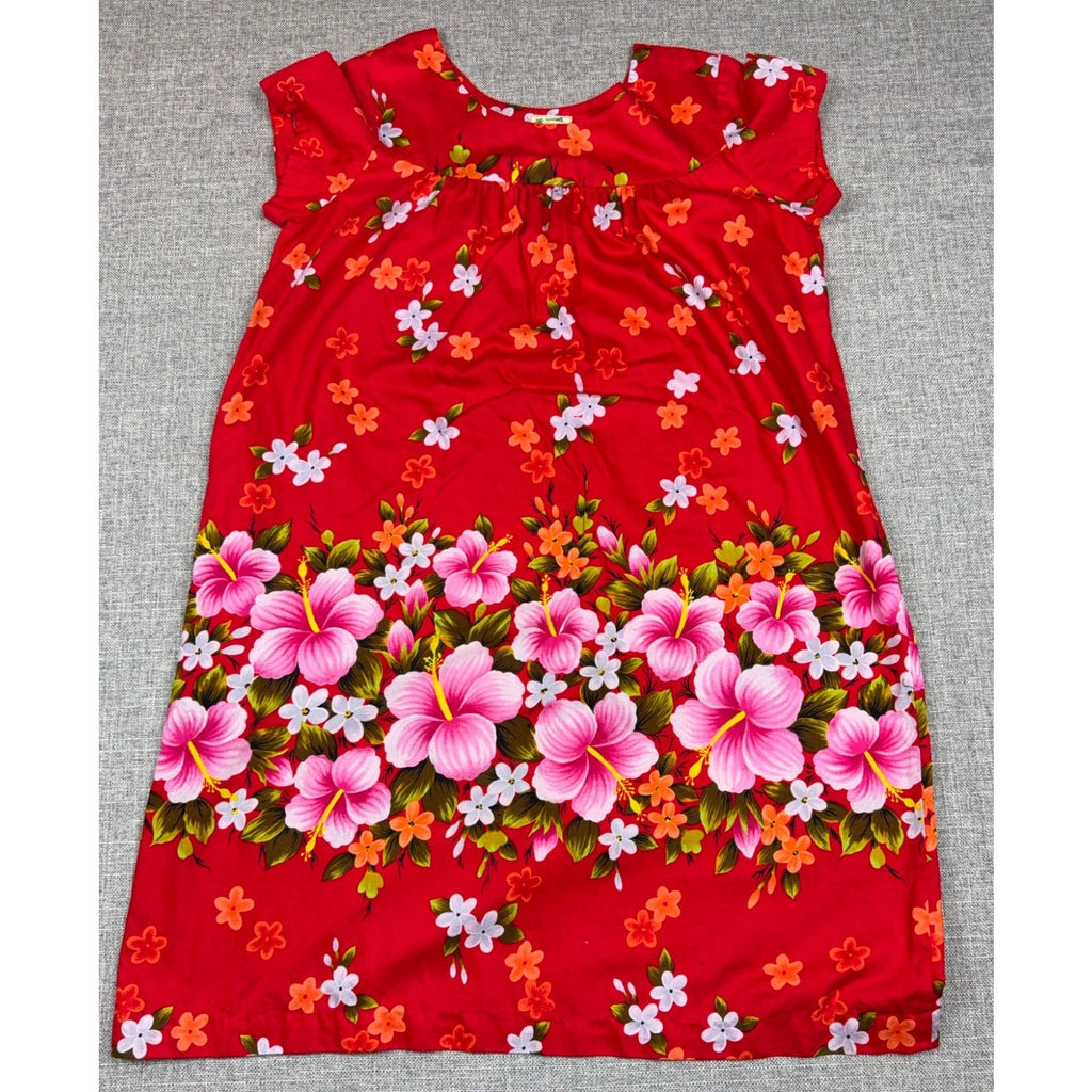 Vintage 60s Ui-Maikai Hawaiian Muumuu Dress Red Hibiscus Cotton L XL