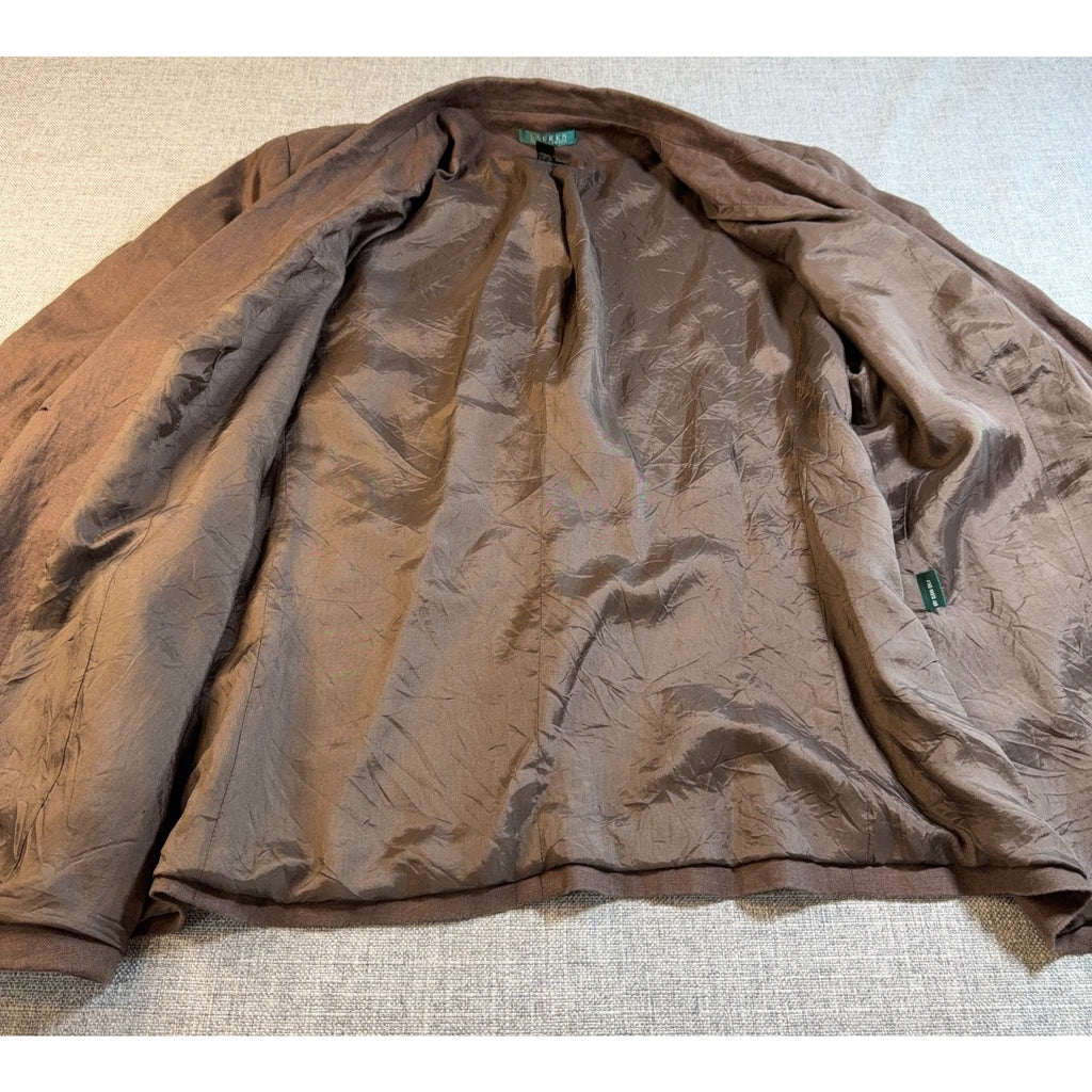 Lauren Ralph Lauren Womens 20W Brown Linen Blazer Oversized Patch Pocket