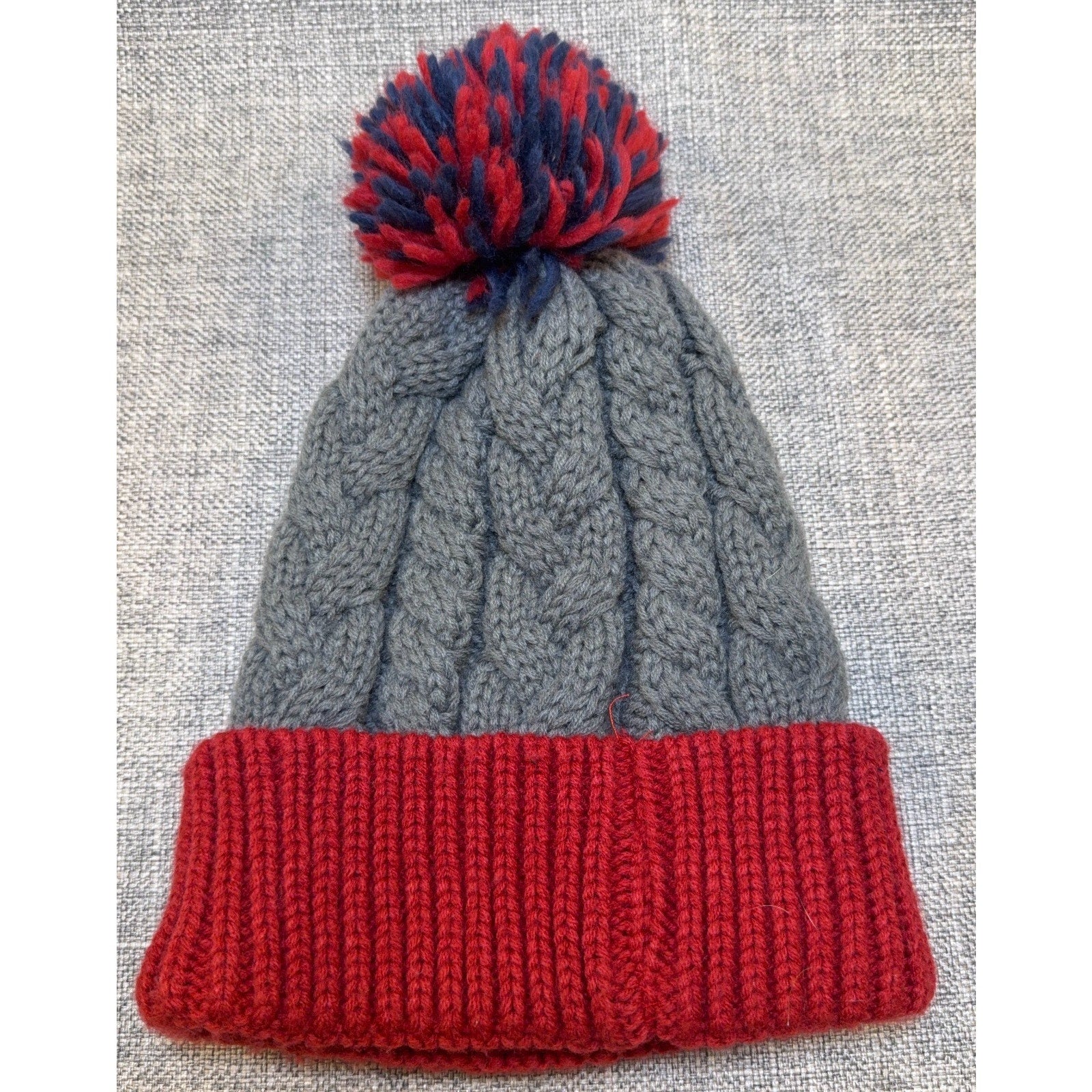 FC Barcelona Official Cable Knit Pom Beanie Hat Gray Red FCB Soccer Adult OS