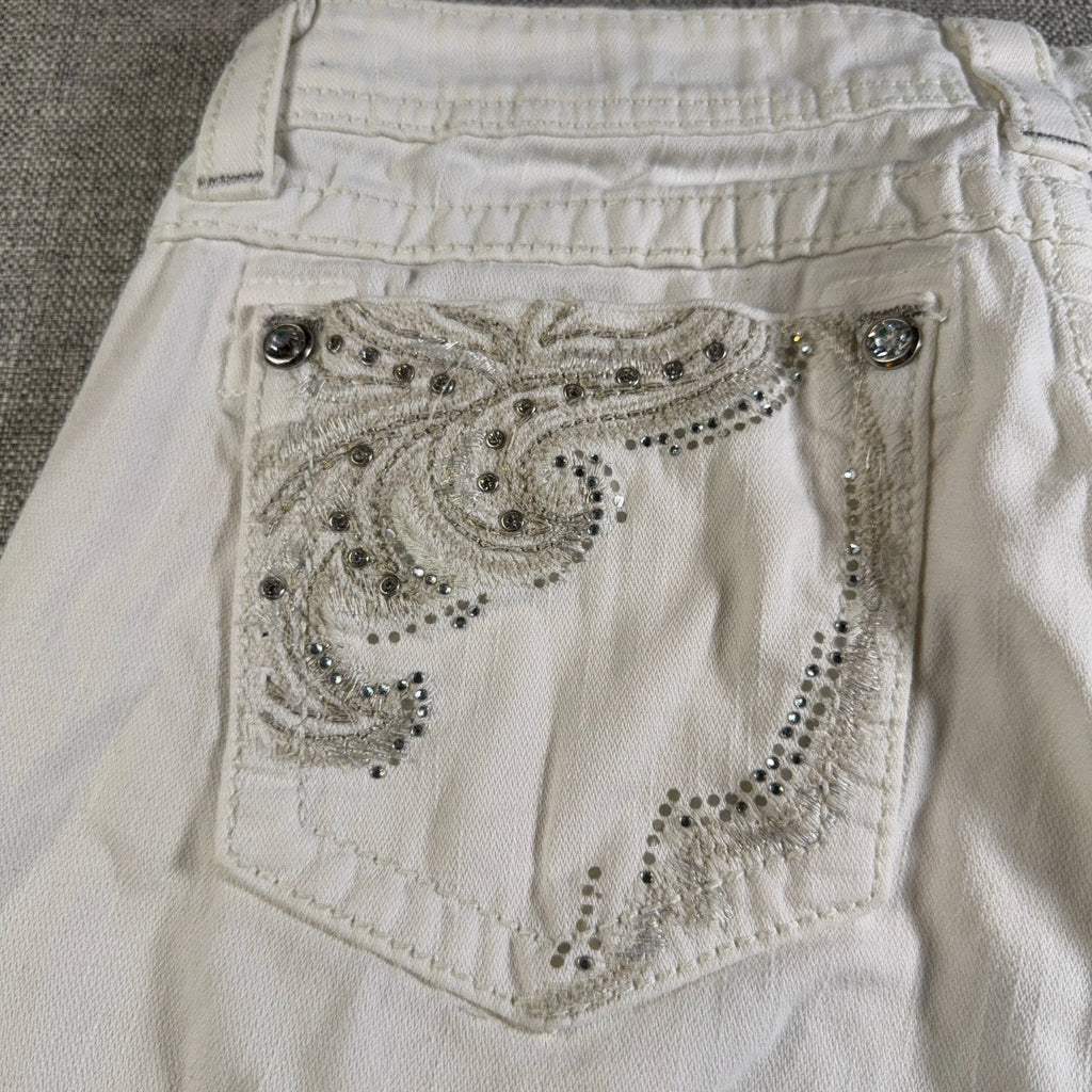 Miss Me Jeans Womens 30 White Cropped Skinny Rhinestone Embellished Flawed