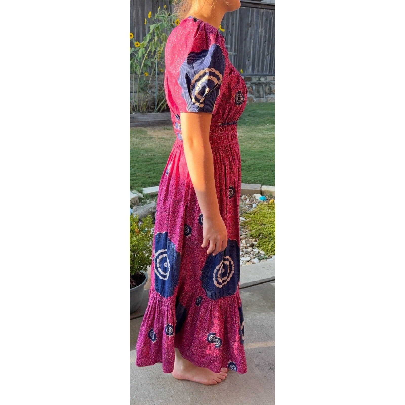 Ulla Johnson Cotton Maxi Dress Pink Navy Puff Sleeve Smocked Boho Size Unmarked