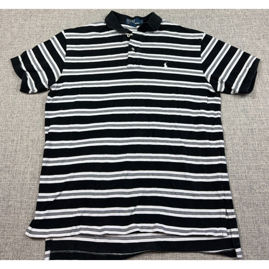 Polo Ralph Lauren Mens Large Polo Shirt Black White Striped Cotton Pony